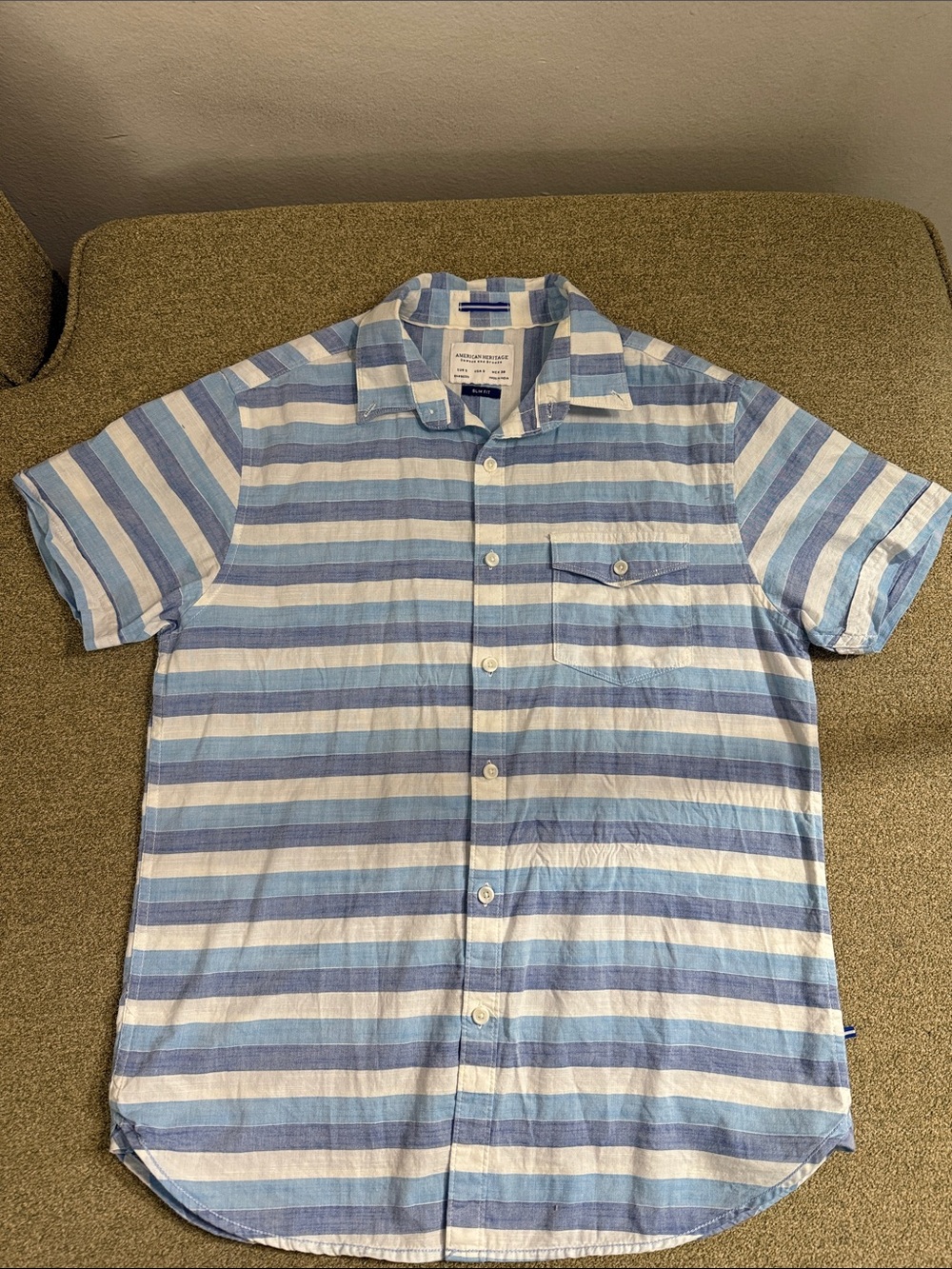 American Heritage Blue and White Horizontal Stripe Short-Sleeve Button-Down Sz S